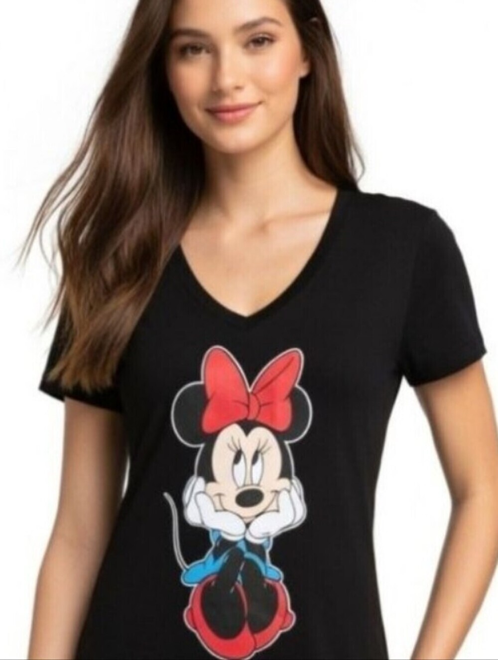 Disney Minnie Mouse V Neck Short Sleeve Black T Shirt Size Large